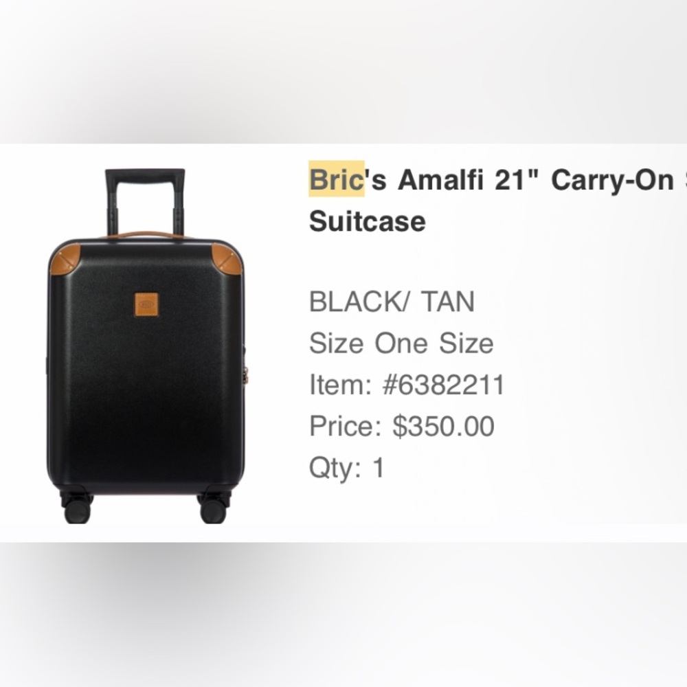 Bric's Amalfi 21" Carry-On Spinner Suitcase BLACK/ TAN BRAND NEW!